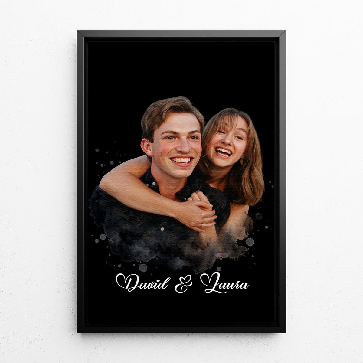 Portrait de couple et de famille en style aquarelle - Noir d'après ta photo - toile avec cadre noir