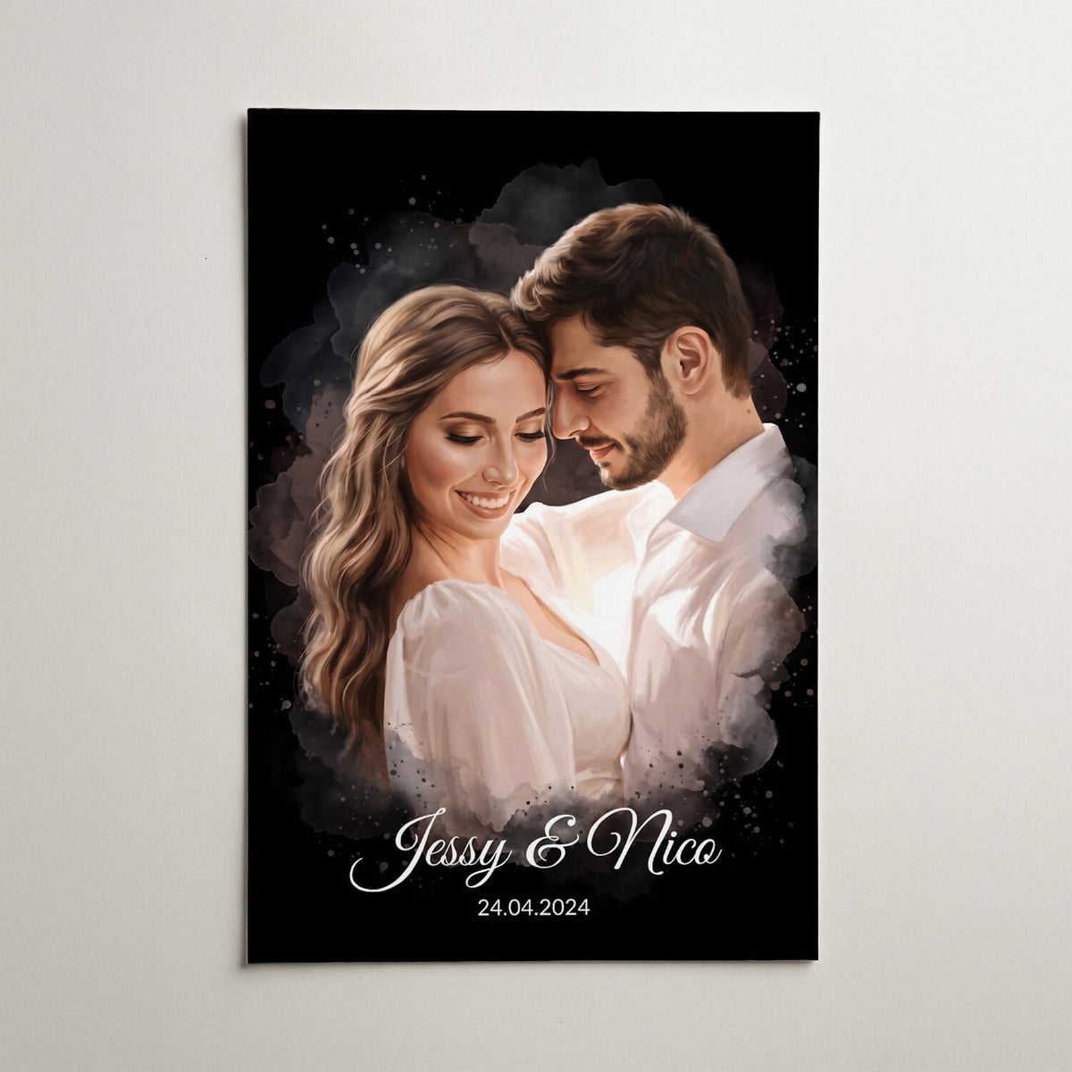 Portrait de couple et de famille en style aquarelle - Noir d'après ta photo - affiche