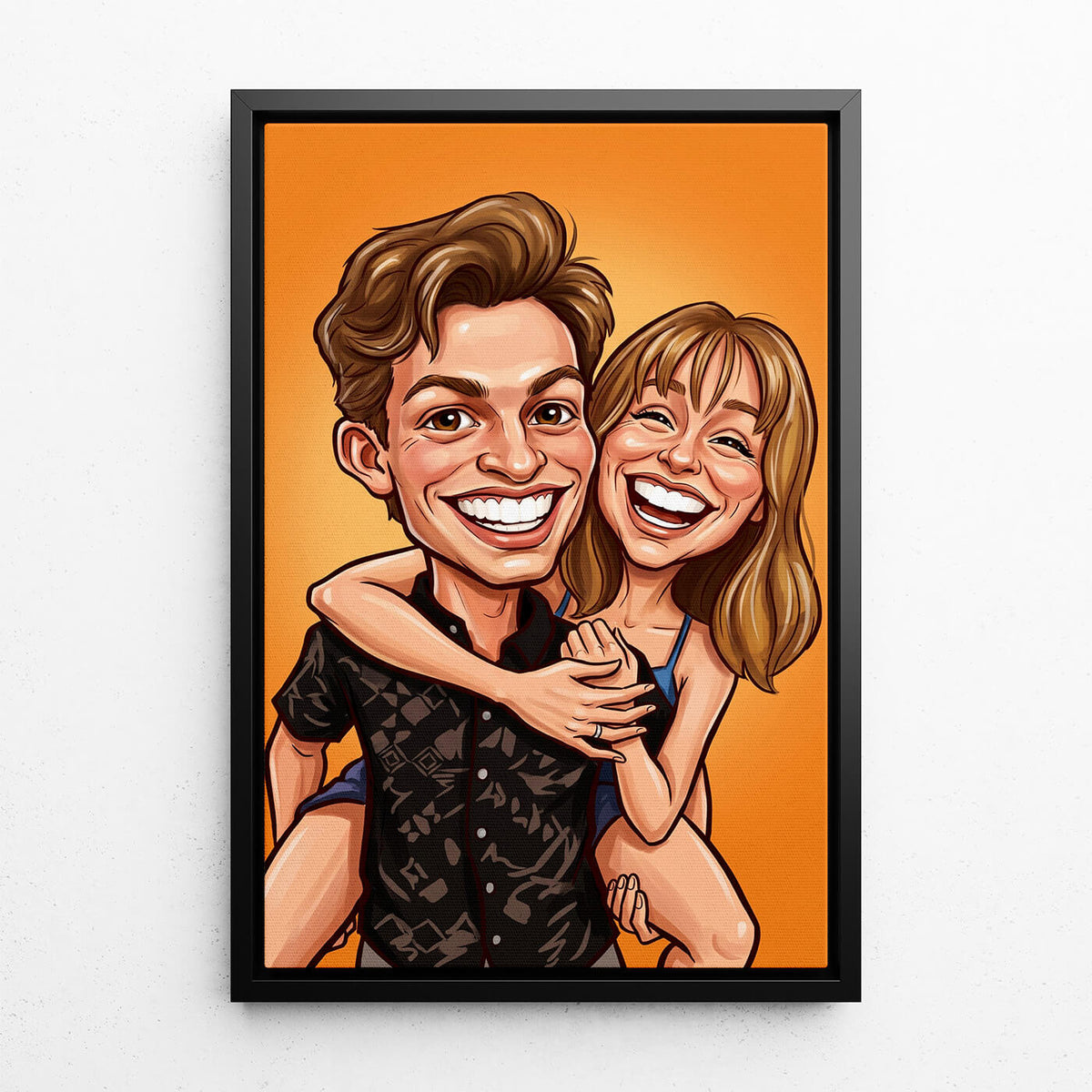 Portrait de couple et de famille en style caricature d'après ta photo - toile avec cadre noir