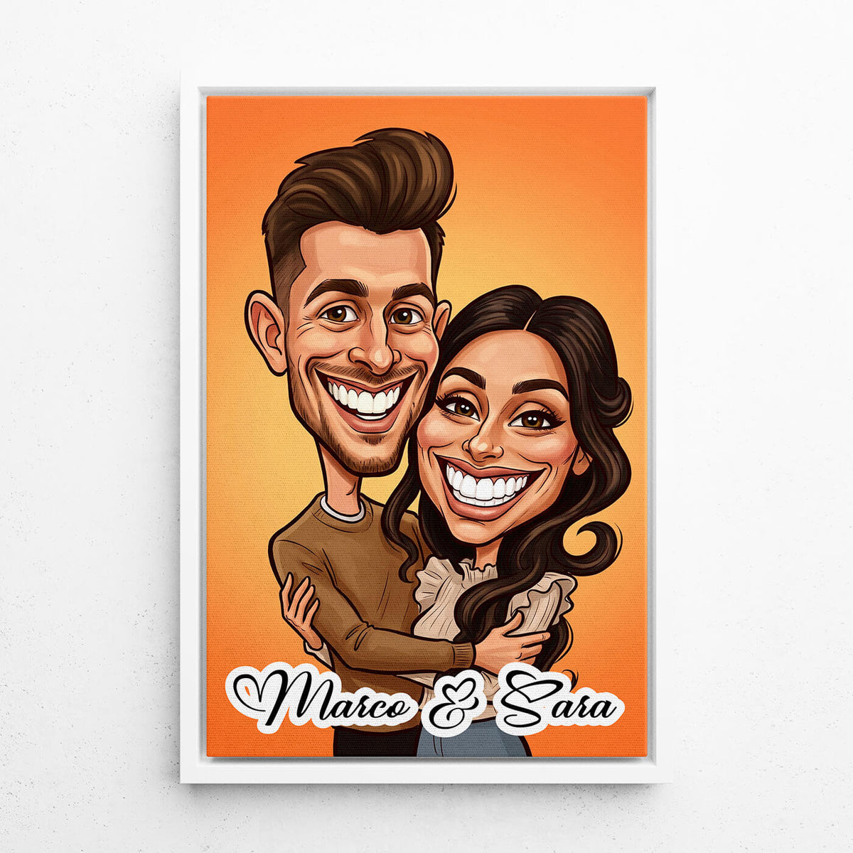 Portrait de couple et de famille en style caricature d'après ta photo - toile avec cadre blanc