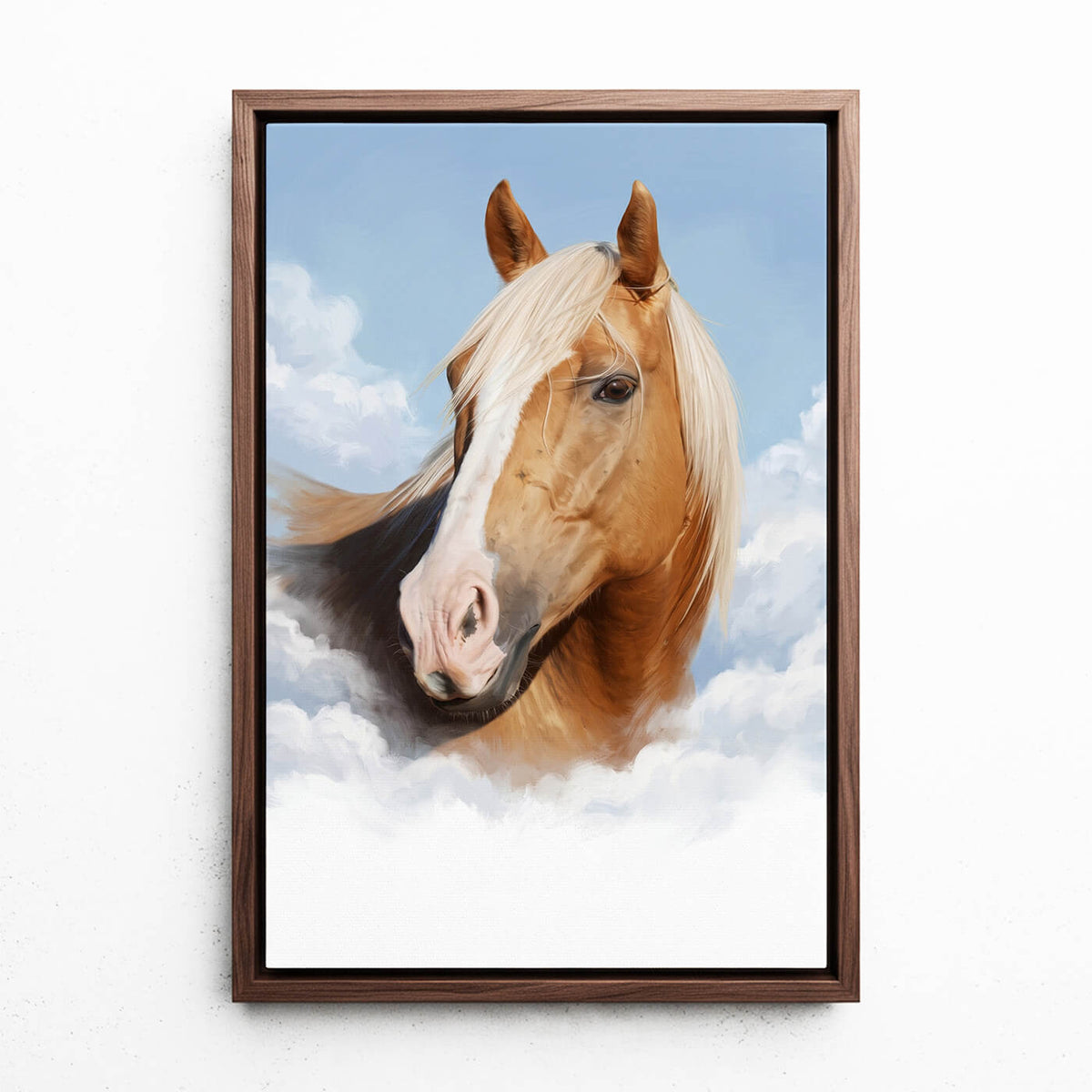 Portrait de cheval personnalisé sur les nuages d'après ta photo - toile avec cadre noyer