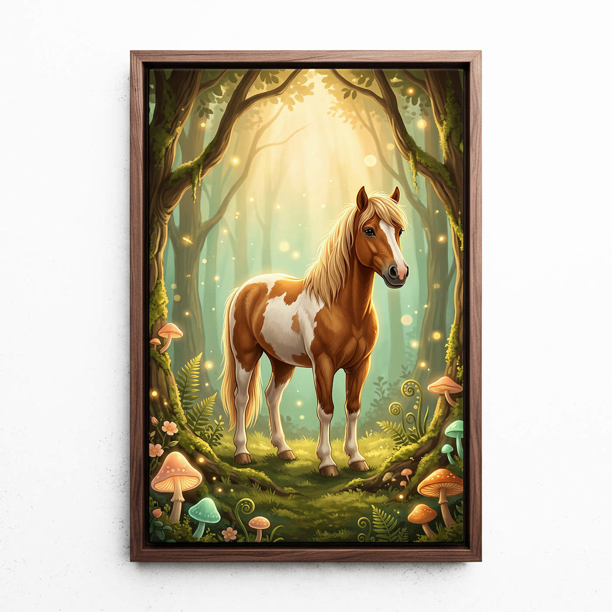Portrait de cheval en style fantasy / cartoon d'après ta photo - toile avec cadre noyer