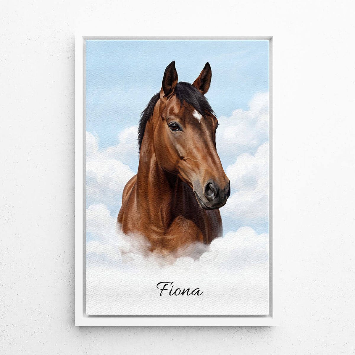 Portrait de cheval personnalisé sur les nuages d'après ta photo - toile avec cadre blanc