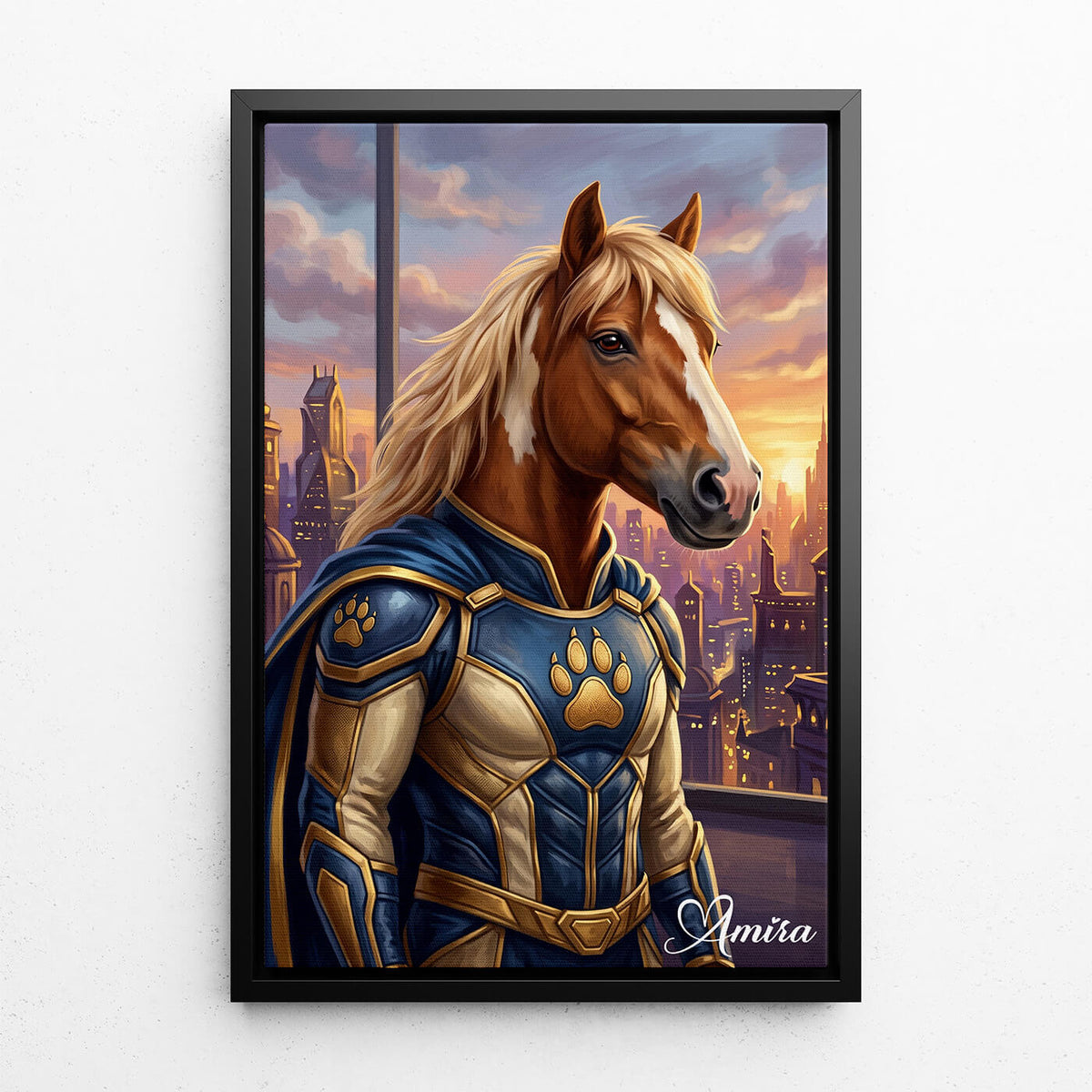 Portrait de cheval en super-héros d'après ta photo - toile avec cadre noir