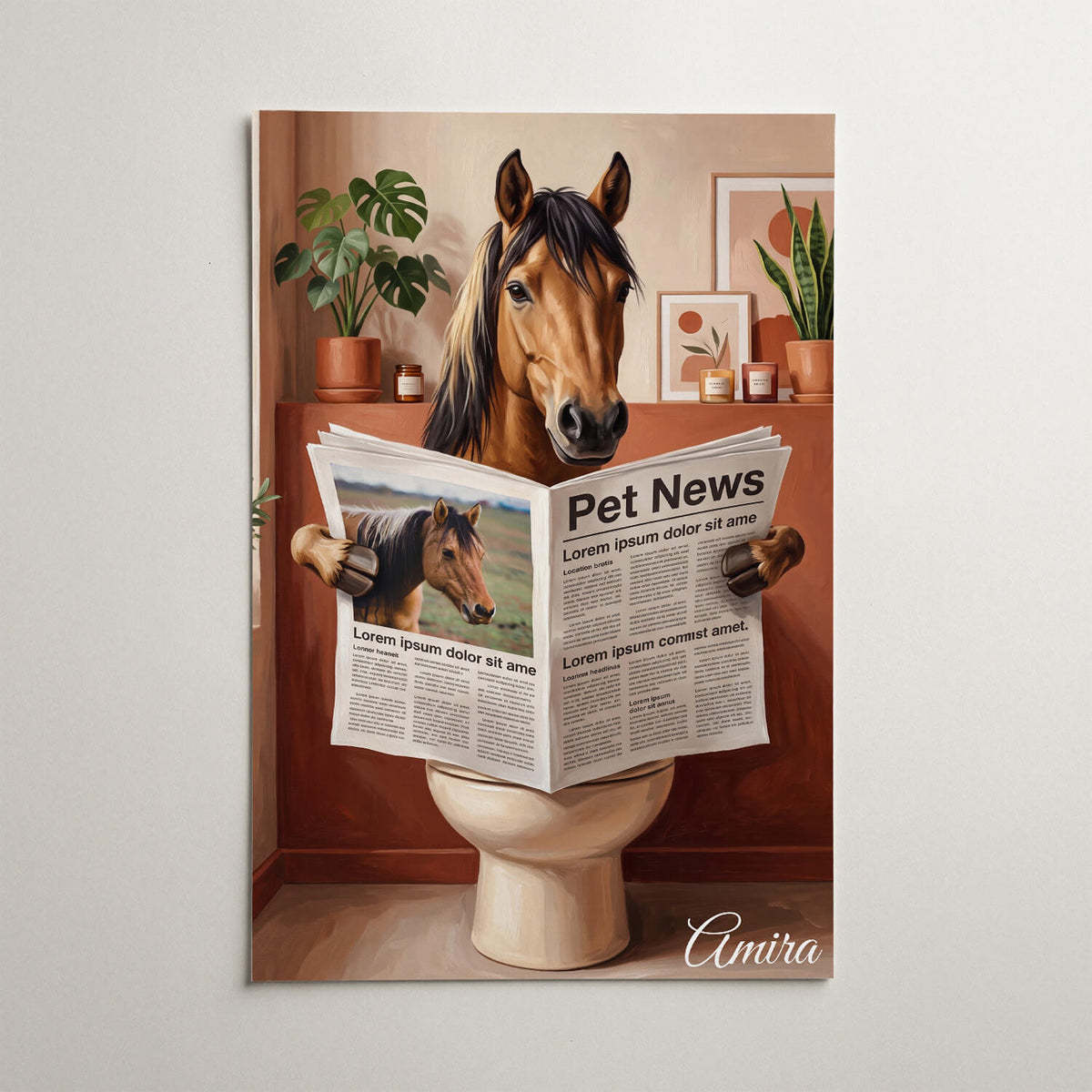 Portrait de cheval amusant sur les toilettes d'après ta photo - affiche