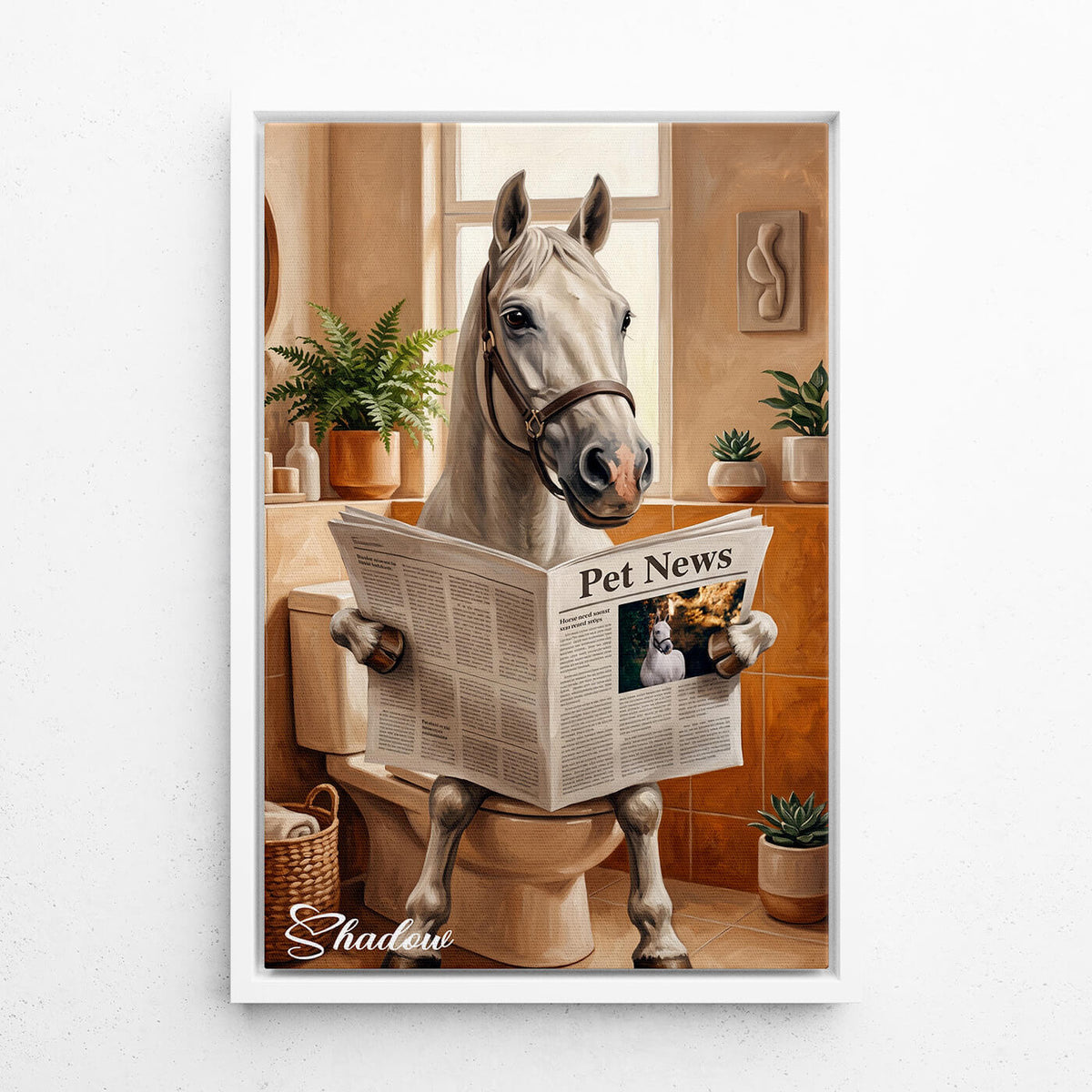 Portrait de cheval amusant sur les toilettes d'après ta photo - toile avec cadre blanc